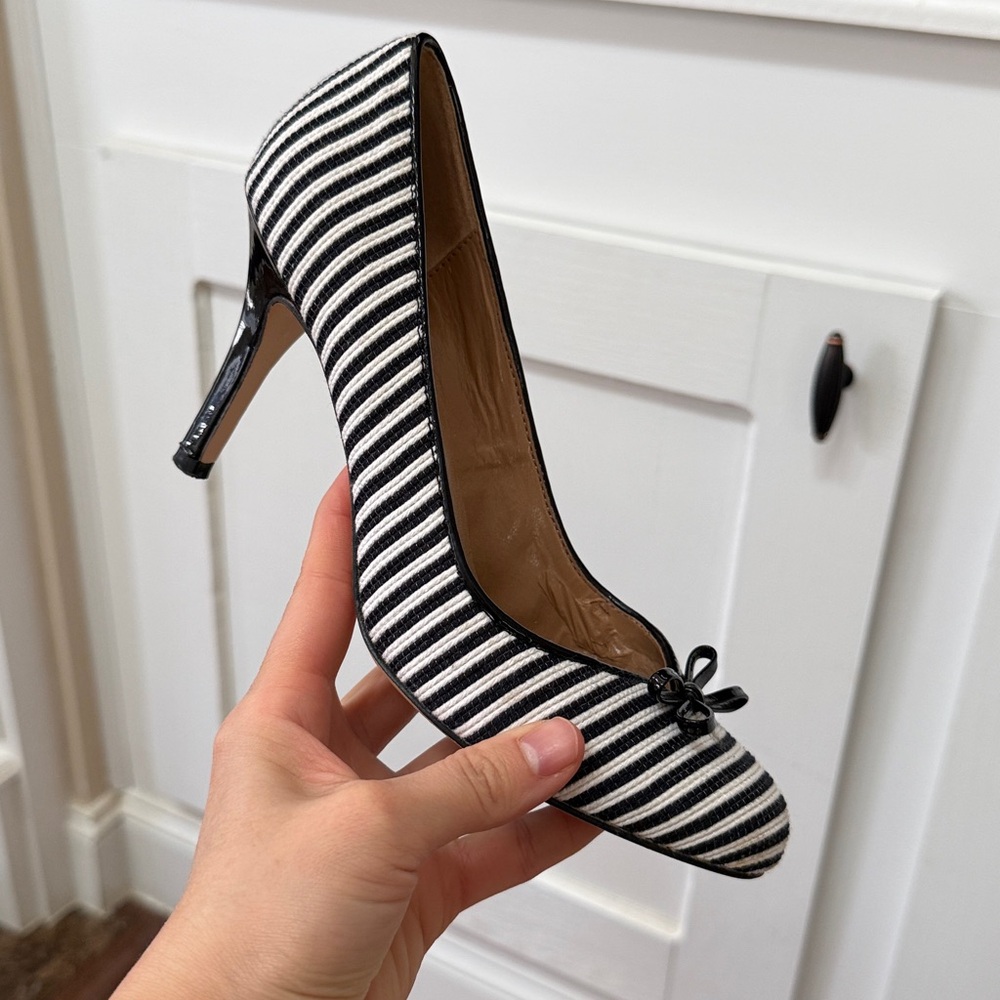 Talbots Black & White Striped Bow Pumps Size 6.5 Classic Kitten Heel Preppy Chic